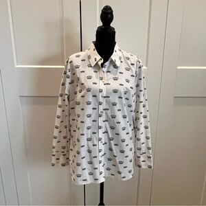 Talbots White Button-Up Shirt With Black Crown Pattern